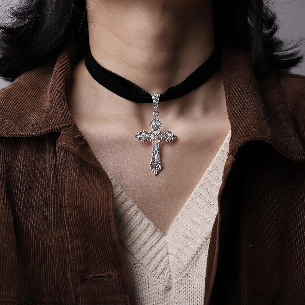 Gothic Cross Necklace Zinc Alloy Black Pendant Choker Jewelry Gift for Women - Picture 2 of 7
